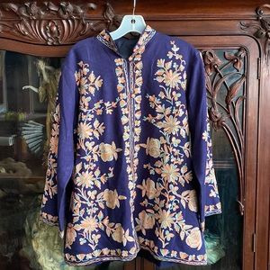 Kashmiri Ethnic Hand Aari Work Embroidered Navy Blue Floral Wool Jacket Nehru